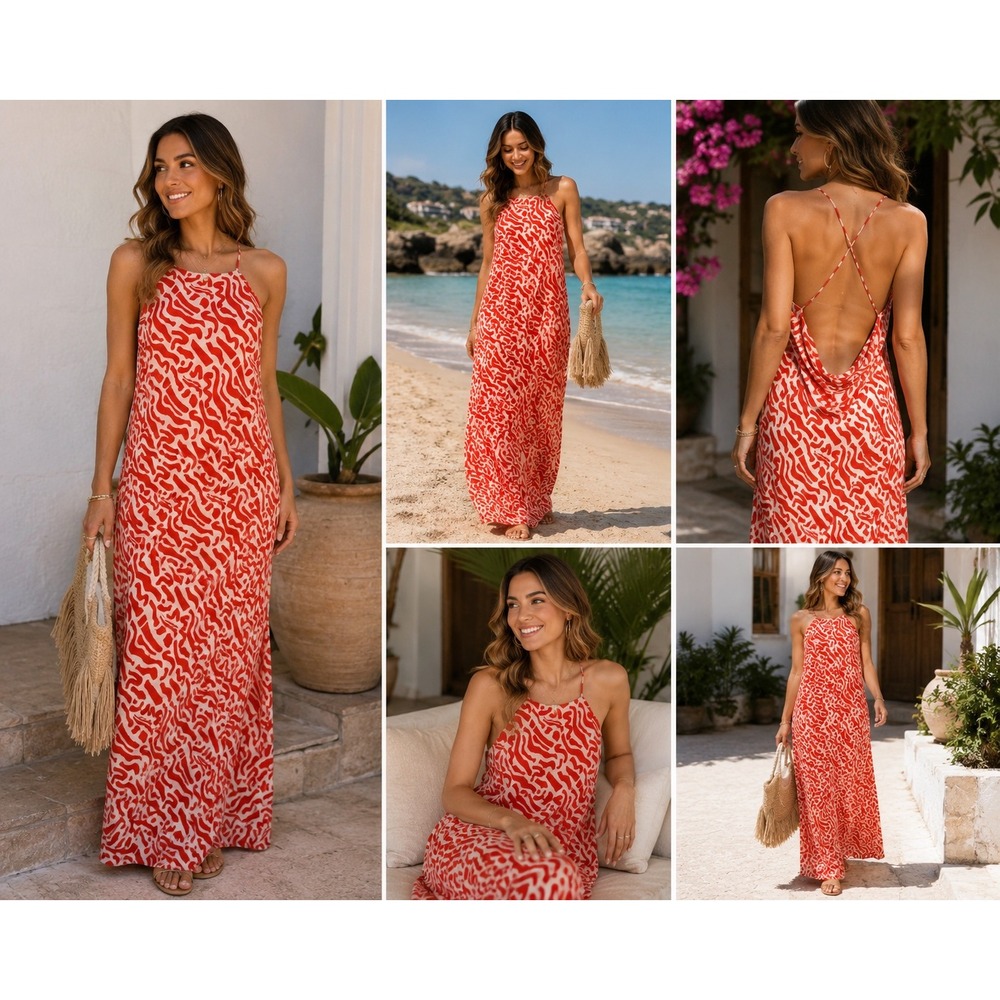 Band of the Free XL 100% Rayon Maxi Dress Coral Abstract Print Boho Resort Beach